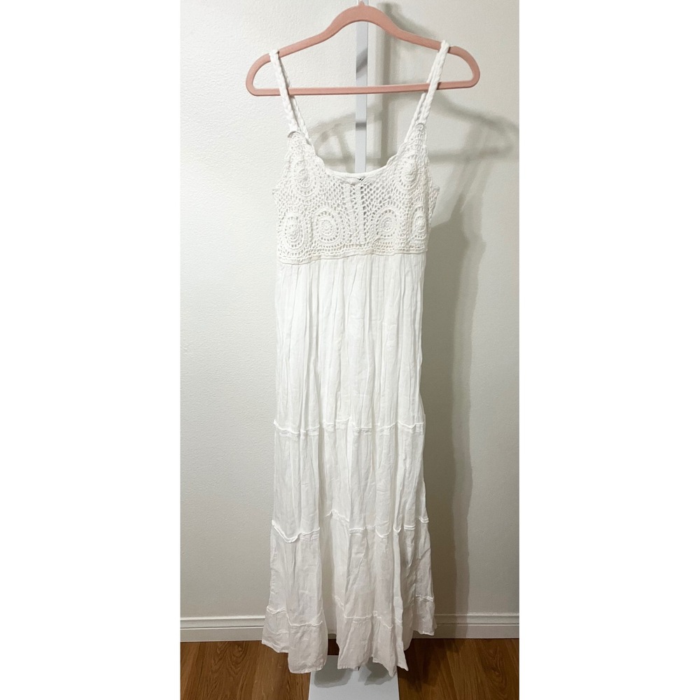 NWT Chaudry KC Boho Embroidered Tiered Maxi Dress White Medium - Picture 2 of 7